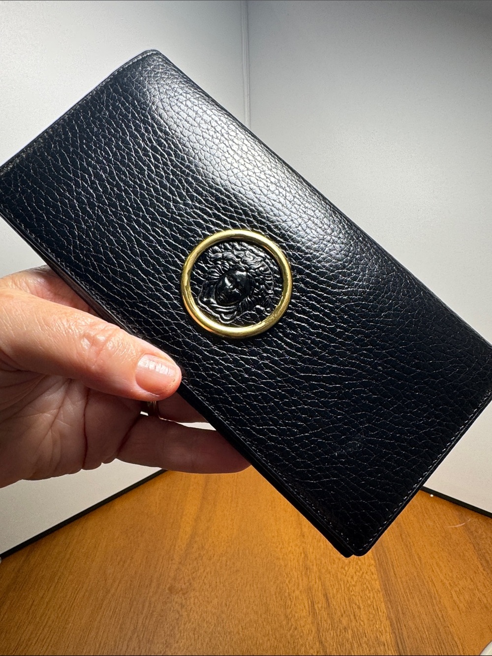 Versace Black Leather Wallet with Gold Medallion